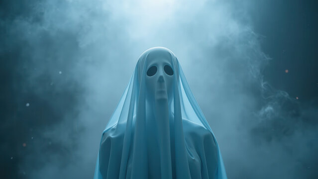 Ghostly figure shrouded translucent fabric, emanating eerie presence amidst misty atmosphere. haunting visage captivates with its mysterious