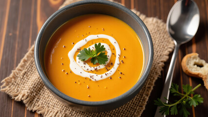 Creamy orange soup garnished with swirl of cream and fresh herbs, served in dark bowl on rustic wooden table