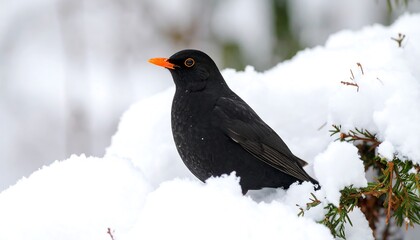 A striking contrast: A sleek blackbird perched amidst a blanket of pristine snow scene