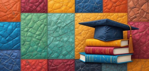  Books Graduation Cap Illustrated with a Colorful Quilted Fabric Texture