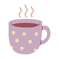 A cartoon cup of coffee with steam coming out of it. The cup is purple and has a polka dot design