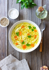 Noodle soup with chicken, carrots and greens. Healthy eating. Diet.