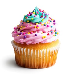 Vibrant cupcake with pastel frosting and sprinkles