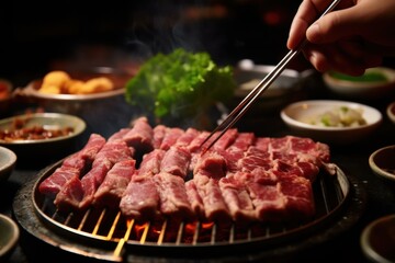 Grilling juicy meat at a korean bbq restaurant vibrant food scene indoor dining close-up view culinary experience