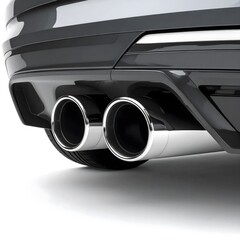 Dual exhaust pipes of a sports car releasing light smoke, chrome texture and shadow beneath bumper. 