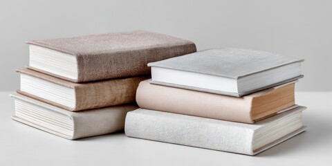 Stack of hardcover books with textured covers on white surface. National Book Week. Philippine Book Development Month