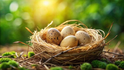 Obraz premium A delicate bird's nest cradles speckled eggs, bathed in the warm glow of morning sunlight, nestled amidst vibrant green moss.
