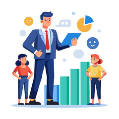 CEO reviewing employee performance evaluation, business leadership meeting, corporate appraisal, management feedback, professional workplace discussion vector illustration