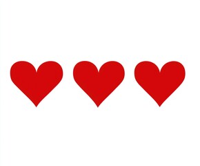 Three red hearts in a row on a white background