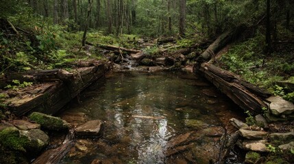 Fototapeta premium Forest creek, calm, mossy, logs