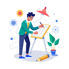 CEO sketching innovative product blueprint on glass board in modern office – concept of leadership, creativity, and innovation