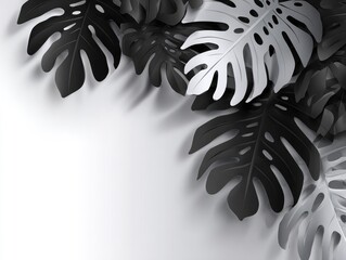 Monochrome monstera leaves.  Layered black and white tropical foliage on a light gray background