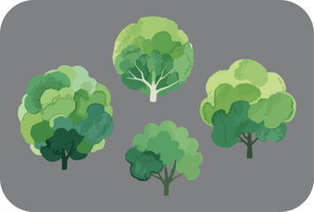 Fototapeta premium Charming watercolor illustration of four stylized green trees with rounded canopies set against a soft gray background evoking a whimsical forest scene