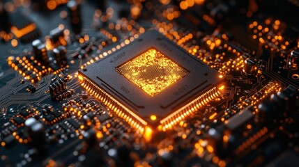 Glowing microchip on circuit board with integrated circuits and led lights
