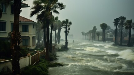 Hurricane impact coastal area natural disaster scene stormy environment dramatic viewpoint weather chaos