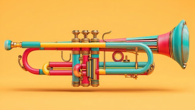 Colorful trumpet, vibrant hues, 3D render, musical instrument