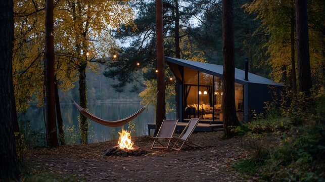 Cozy glamping tent with modern dark design, with a hammock and campfire in the forest setting