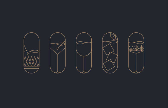 Art deco cocktail symbol set drawing in gold line style on black background