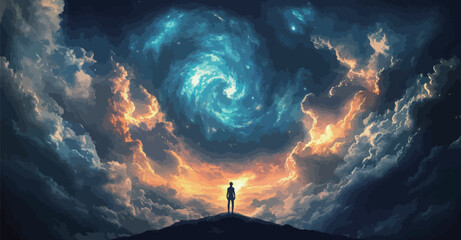 A person stands on a hill looking up at the sky. The sky is filled with stars and clouds, creating a sense of wonder and awe. The scene evokes a feeling of being small