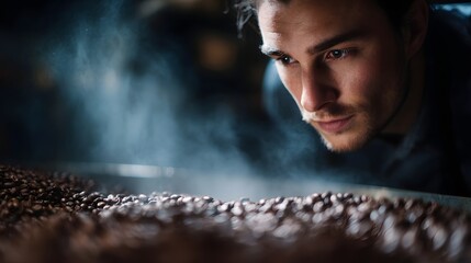 A coffee roaster inspecting freshly roasted beans in a roasting workshop  long title A coffee roaster carefully inspecting and evaluating the of