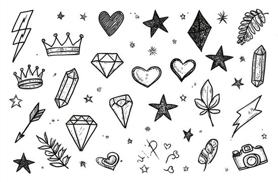Hand-drawn collection of graphic design elements.  Diverse shapes include crowns, hearts, stars, diamonds, crystals, lightning bolts, arrow, leaves, feathers and a camera.