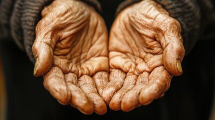 An elderly person's hands with wrinkled skin, wearing a dark sweater, holding open palms facing the viewer.