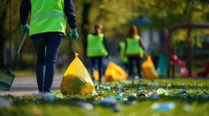 Community clean-up event local park volunteer activity urban environment ground level environmental awareness