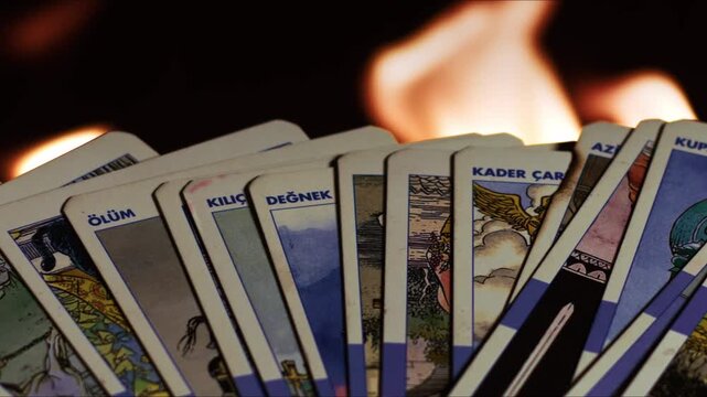 Abstract Mystic Fortune Teller Game Tarot Cards and Fire Behind