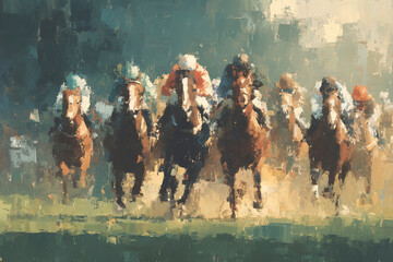 An abstract painting inspired by horse racing in England, with dynamic brushstrokes and flowing forms that capture the movement, speed, and energy of the race.