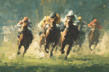 An abstract painting inspired by horse racing in England, with dynamic brushstrokes and flowing forms that capture the movement, speed, and energy of the race.