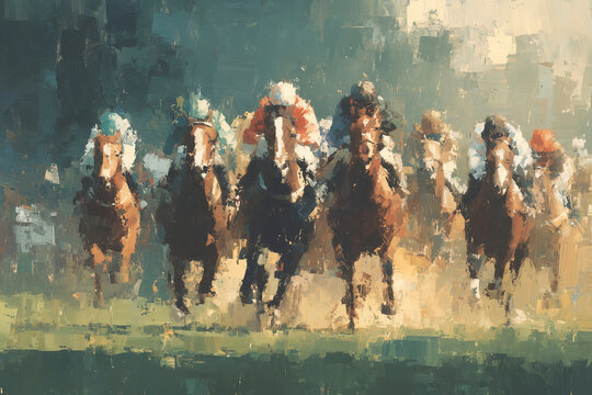 An abstract painting inspired by horse racing in England, with dynamic brushstrokes and flowing forms that capture the movement, speed, and energy of the race.