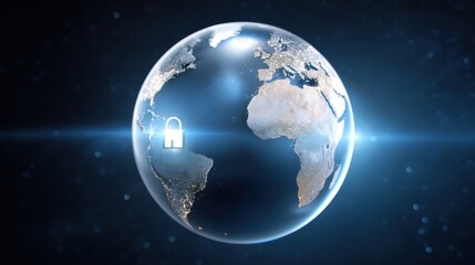 Fototapeta premium A digital representation of Earth featuring a padlock symbol, illustrating themes of security and protection in a global context.