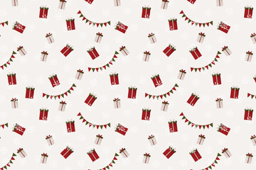 Christmas gift boxes pattern – swatch available in swatches panel – seamless festive present background with snowflakes and bunting