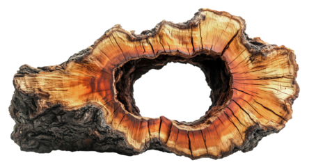 Large, sliced tree trunk with striking, large hole in center, showcasing rich, warm tones and intricate textures., isolated
