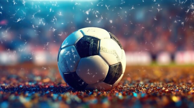 Exciting soccer match ball on field stadium sports photography vibrant atmosphere close-up perspective action concept - Powered by Adobe
