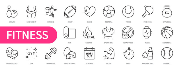 Fitness and sport icon set. Bowling, lose weight, mat, calories, pulse, basketball, running, rugby, cardio, football, kettlebell, baseball, gym, dumbbells, etc. Vector illustration. Editable stroke.