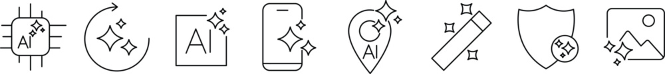 Set of generated AI icons. Artificial intelligence icon set. Pixel perfect. Containing AI, deep learning, machine learning. Artificial intelligence element for apps and web. Vector illustration. 