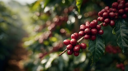 Obraz premium Ripe coffee cherries on a plantation farm