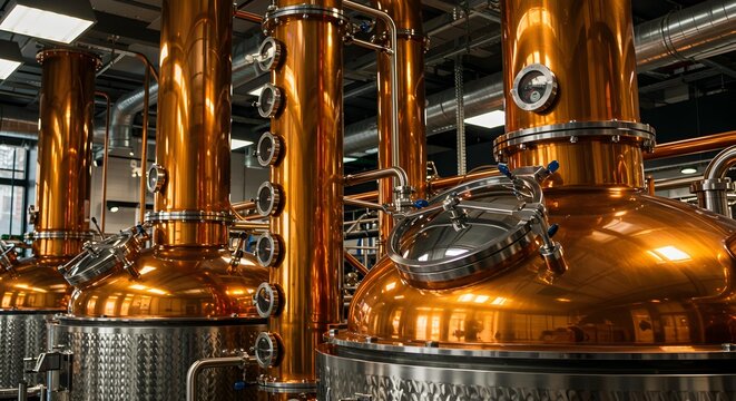 Close-Up Details of Large Copper Brewing and Distillation Stills in a Factory