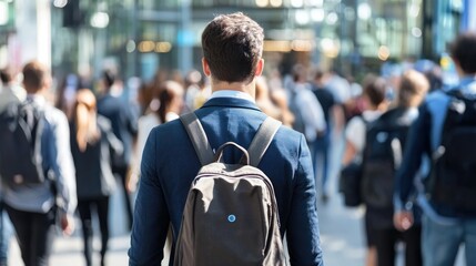 A man in a suit walking through a crowded city street. The man is wearing a backpack and has a serious expression on his face.
