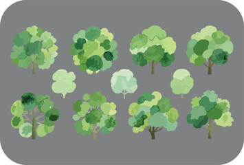 Collection of stylized watercolor trees in various shapes and sizes perfect for landscape design and nature illustrations