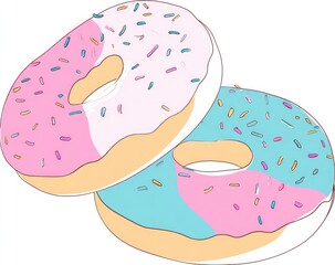 Two colorful donuts stacked, frosted with pink and teal icing, topped with sprinkles