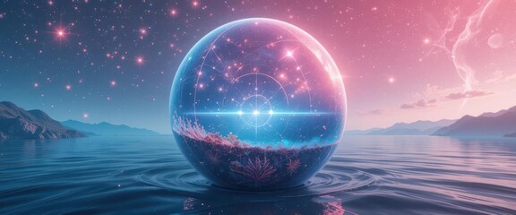  Aquatic Serene Coral Pink Banner Featuring Twinkling Stars Set on a Spherical Ocean Landscape.