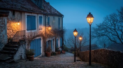 Cobblestone street at dusk, lined with quaint houses and lit by vintage street lamps.