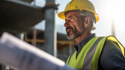 Construction worker evaluating plans construction site portrait photography urban environment side view project management insights