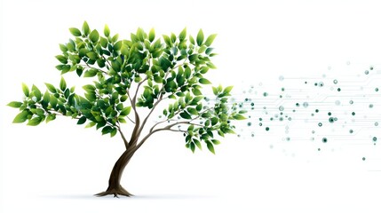 Obraz premium A digital tree blending nature and technology, symbolizing growth and innovation with vibrant green leaves and circuit-like patterns.