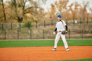 Talented teenage boy showcases determination while playing baseball on vibrant field