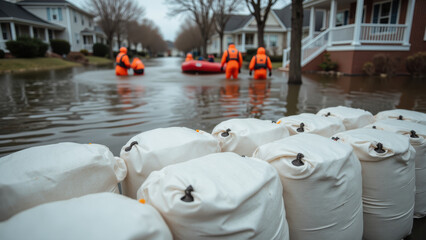 Flood response teams in bright orange suits navigate flooded neighborhood, with sandbags in foreground providing protection