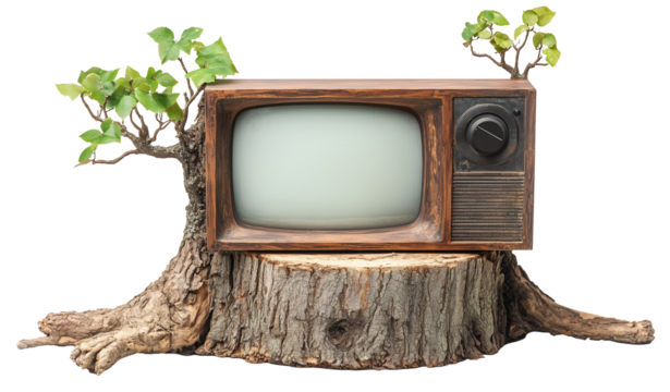 Vintage television is creatively integrated into tree stump, blending retro technology with nature. screen is blank, and small green leaves sprout from top, adding whimsical touch., isolated