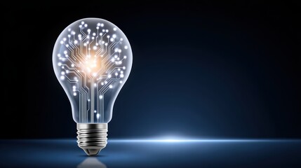 A modern light bulb featuring circuit patterns, symbolizing innovation and technology in a sleek, dark background.